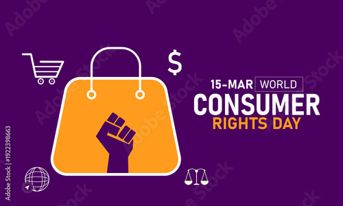 World Consumer Rights Day, March 15 Vector, Shopping Cart Scale Balance, Blue Ribbon Awareness Poster, Flat Design Consumer Protection Justice Banner Illustration Stock Graphic