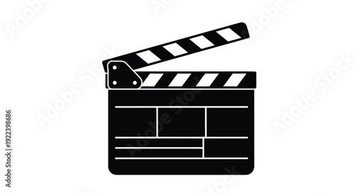 A black and white illustration of an open film clapperboard