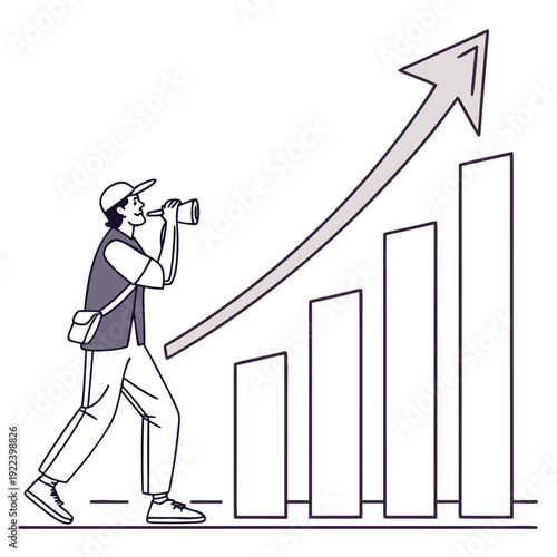 Man with Binoculars Looks at Upward Trend Arrow and Bar Chart
