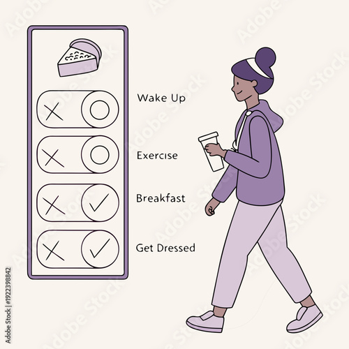 Daily Routine Checklist: Wake Up, Exercise, Breakfast, Get Dressed