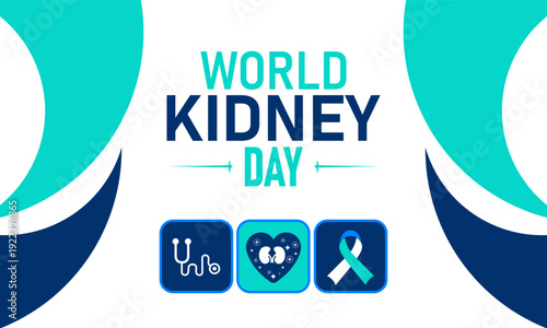World Kidney Day, March 12 Vector, Kidney Beans Dialysis Filter, Blue Ribbon Awareness Poster, Flat Design Nephrology Health Prevention Banner Illustration Stock Graphic