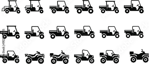 Golf cart and ATV silhouette collection, utility vehicles side view icons isolated on white background, black vector illustration set