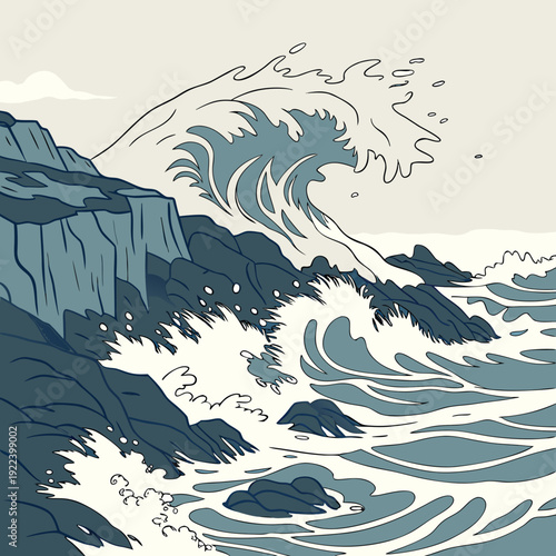 Dynamic Ocean Wave Crashing on Rocky Shoreline