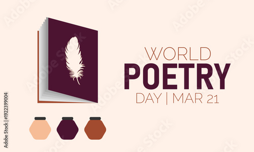 World Poetry Day, March 21 Vector, Quill Ink Scroll Verse, Blue Ribbon Awareness Poster, Flat Design Linguistic Diversity Creative Writing Banner Illustration Stock Graphic