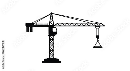 A black and white illustration of a tower crane on a white background