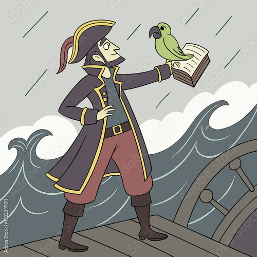 Cartoon Pirate with Parrot and Book on Ship Deck