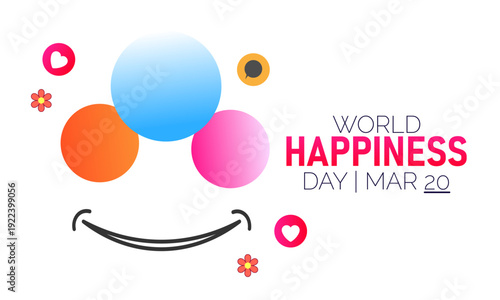 International Day of Happiness, March 20 Vector, Smiley Face Heart Balloon, Blue Ribbon Awareness Poster, Flat Design Well-being Joy Celebration Banner Illustration Stock Graphic