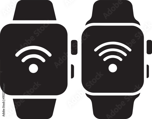 Two black icons of smartwatches with WiFi signal symbols, representing connectivity and modern technology