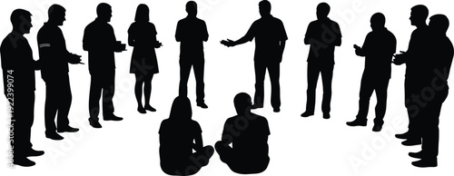 Group of people silhouette discussion meeting, teamwork communication concept, diverse team standing and sitting isolated on white background