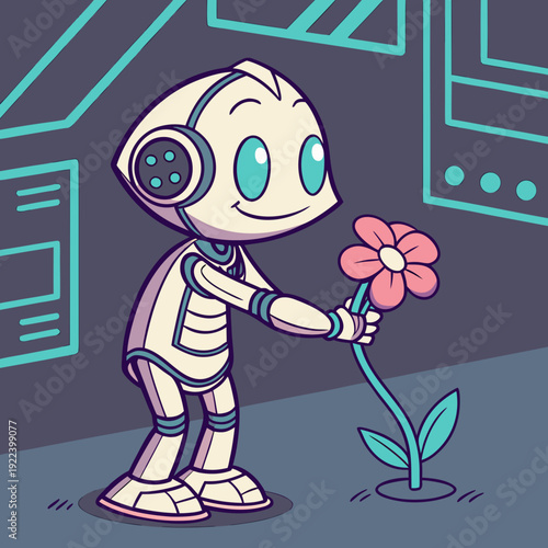 Cute Robot Offers a Flower, Digital Art
