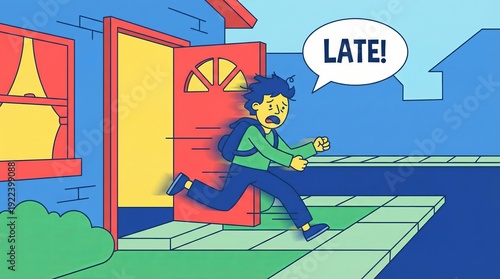 Young student with backpack rushing out of a house door, experiencing stress and panic about being late for school or an important appointment, with a late! speech bubble