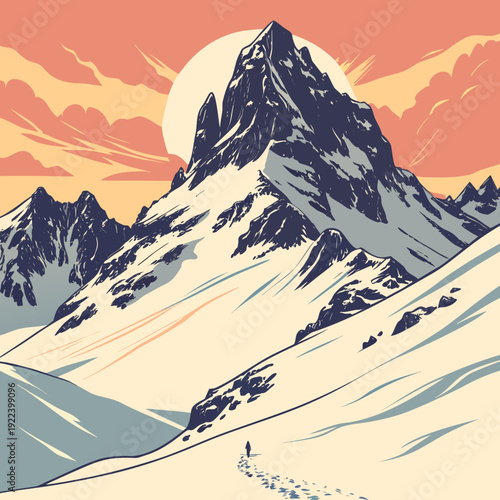 Lone Hiker Approaches Majestic Snow-Capped Mountain at Sunset