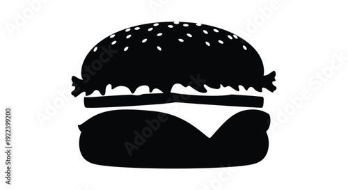 Simple black and white silhouette of a classic hamburger with sesame seeds