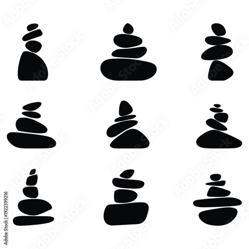 A set of minimalist zen stone piles in black silhouette on a light gray background