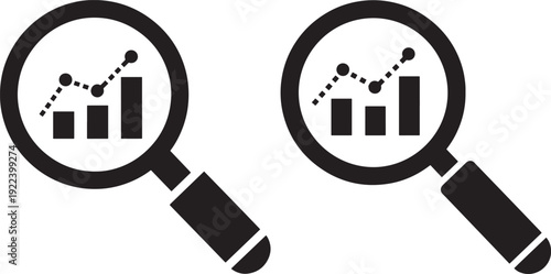Magnifying glass analyzing bar charts and line graphs, representing data analysis, research, and business insights.
