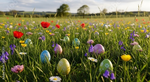 A vibrant meadow filled with colorful wildflowers and decorated easter eggs under a cloudy sky
