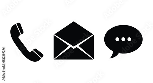 Contact icons depicting phone email and messaging in black silhouettes