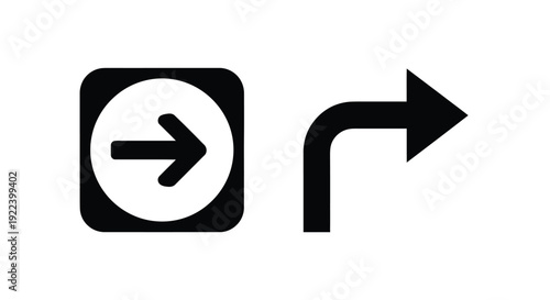 Black and white graphic depicting a roundabout with a right turn arrow