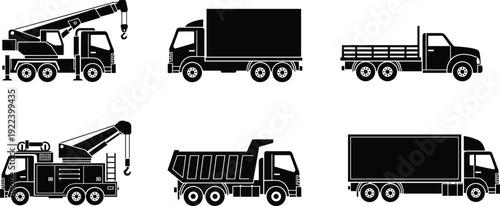 Heavy duty truck silhouette set, crane, cargo, flatbed and dump vehicles, commercial transport vector illustration isolated b