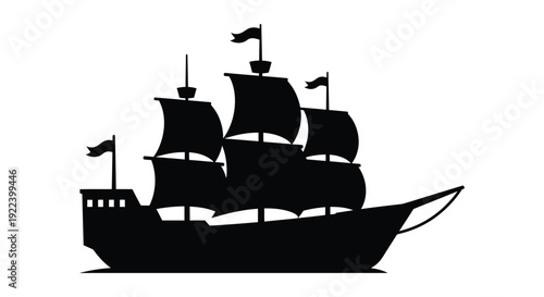 Silhouette of a historic sailing ship with multiple masts and flags