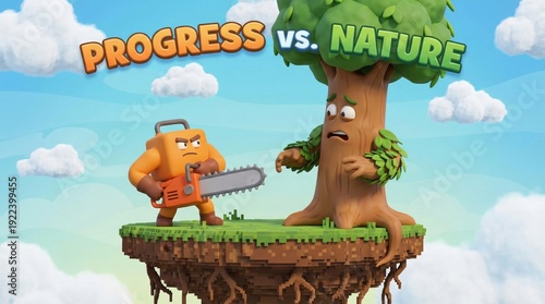 Cartoon lumberjack character holding a chainsaw preparing to chop down a scared tree, illustrating the conflict between industrial progress and environmental conservation