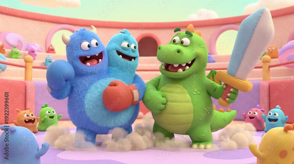 Fototapeta premium Cartoon characters, a blue two-headed monster wearing boxing gloves and a green dragon holding a sword, are enthusiastically playing in a colorful fantasy arena while small cute creatures watch