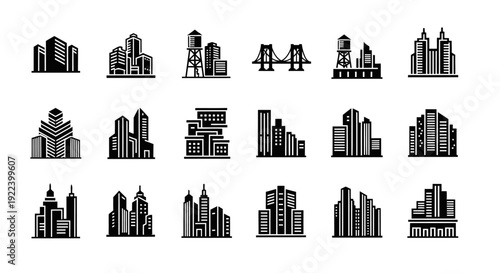Twelve original black city icons displayed in one frame, inspired by modern urban environments and metropolitan life. Each icon features a different abstract city concept with clean silhouettes 