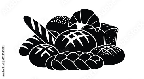 Black and white illustration of various types of freshly baked bread