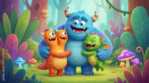 Fluffy blue monster hugging an orange two-headed creature and a green dragon-like friend in a vibrant enchanted forest, celebrating friendship, joy and playful togetherness