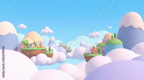 Cartoon landscape showing homes and trees on whimsical floating islands, surrounded by puffy clouds and distant pastel mountains under a clear blue sky, creating a fanciful, dream-like scene