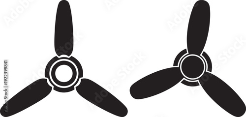 Two black silhouette icons of propellers or fan blades, symbolizing rotation, air movement, or power