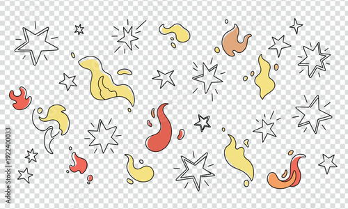 Whimsical illustration of cartoonish characters and stars on transparent background