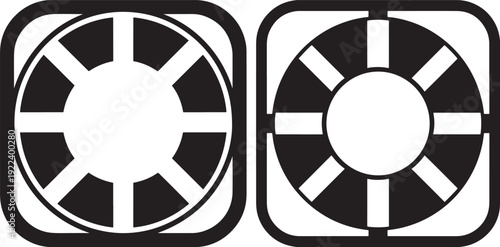 Black and white icons of two lifebuoys in square frames, symbolizing safety and rescue at sea.