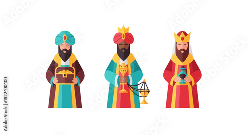 Three Wise Men Nativity Characters with Gifts - Flat Design