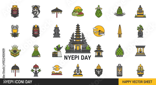 Nyepi Day Icons: Bali Temple, Ogoh-Ogoh, Traditional Symbols - Vector Set
