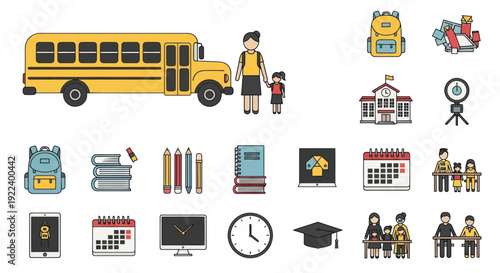 School Icons: Bus, Students, Backpacks, Books, Pencils, Graduation Cap, Calendar