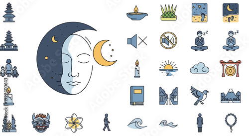 Balinese Culture Icons: Temples, Moon Face, Candle, Nature, and People