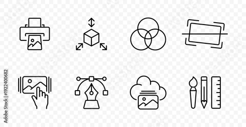 Design creativity set icon. Print output, 3d object scale, diagram overlap, frame layout, image touch, vector pen tool, cloud gallery, drawing tools