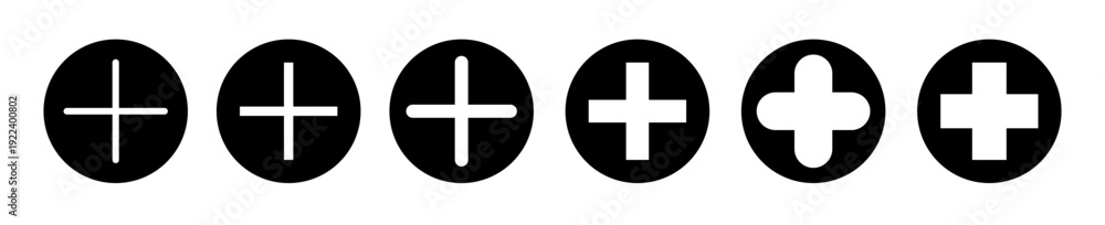 Obraz premium Zoom in icon progression with bold black circular shapes and plus symbols, clean vector illustration showing scale increase steps for UI controls and modern digital interfaces.
