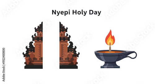 Nyepi Holy Day: Balinese Temple Gate and Oil Lamp Illustration