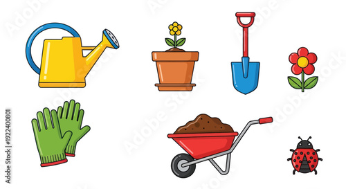 Gardening Tools and Elements Collection: Watering Can, Potted Plant, Shovel, Flower, Gloves, Wheelbarrow, Ladybug