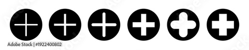 Zoom in icon progression with bold black circular shapes and plus symbols, clean vector illustration showing scale increase steps for UI controls and modern digital interfaces.