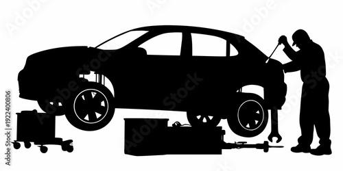 Auto Repair Service and Car Mechanic Silhouette Vector Illustration