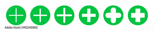 Zoom in icon sequence with green circular buttons and plus symbols, clean vector illustration showing scale growth, UI controls, and positive interaction for digital interfaces.