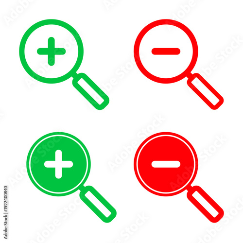 Zoom in and zoom out magnifier illustration with plus and minus symbols, clean vector style, showing search control, scale change, and UI interaction for digital interfaces.