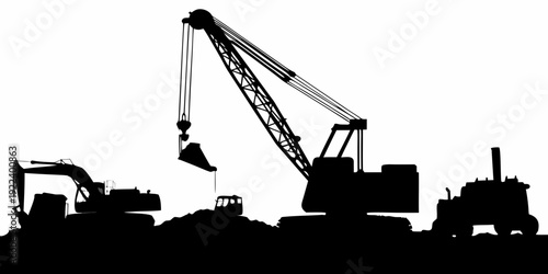 Heavy Construction Machinery and Excavator Silhouette Vector Illustration