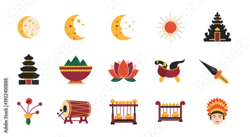 Balinese Culture Icons: Temple, Gamelan, Offerings, Kris, Moon, Sun, Lotus