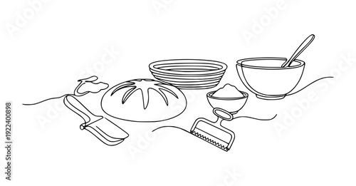 Sourdough Bread Making Tools Vector Illustration: Continuous One Line Art Drawing of Bakery Equipment; Minimalist Hand-Drawn Boule, Banneton, Lame, and Bench Scraper Graphic for Artisan Baking Flour
