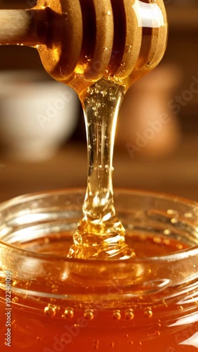 A dipper collects honey and slowly lifts it