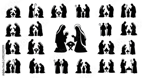 Nativity Scene Silhouettes: Jesus, Mary, Joseph, and Shepherds - Christmas Iconography